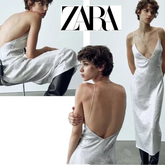 Zara white silver metallic sequin spaghetti strap V-neck midi maxi slip  dress S